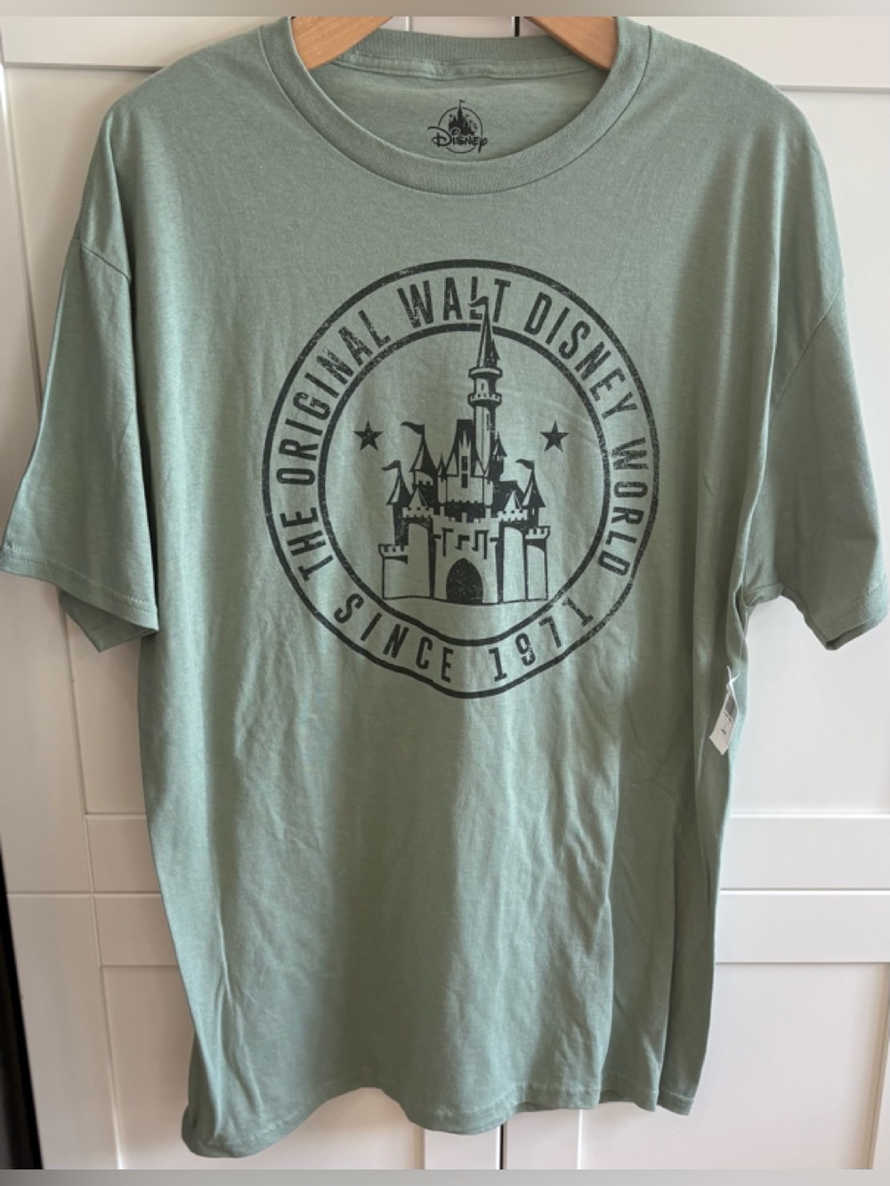 Disney Men's Sage Green Castle Logo Short Sleeve Tee